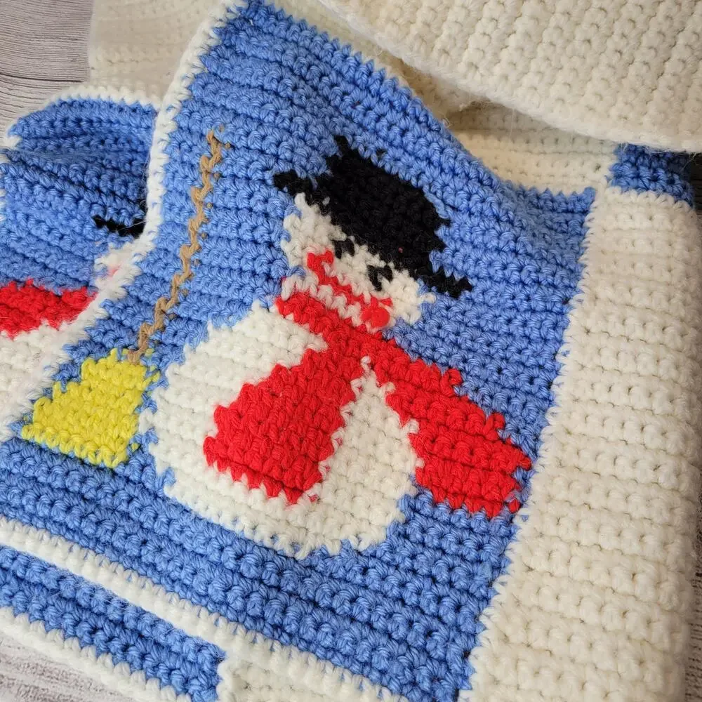 Handmade Snowman Crochet Patchwork Lap Small Blanket